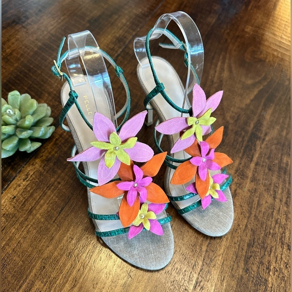 Pelle Moda | Suede 3D Flower High Heel Sandals